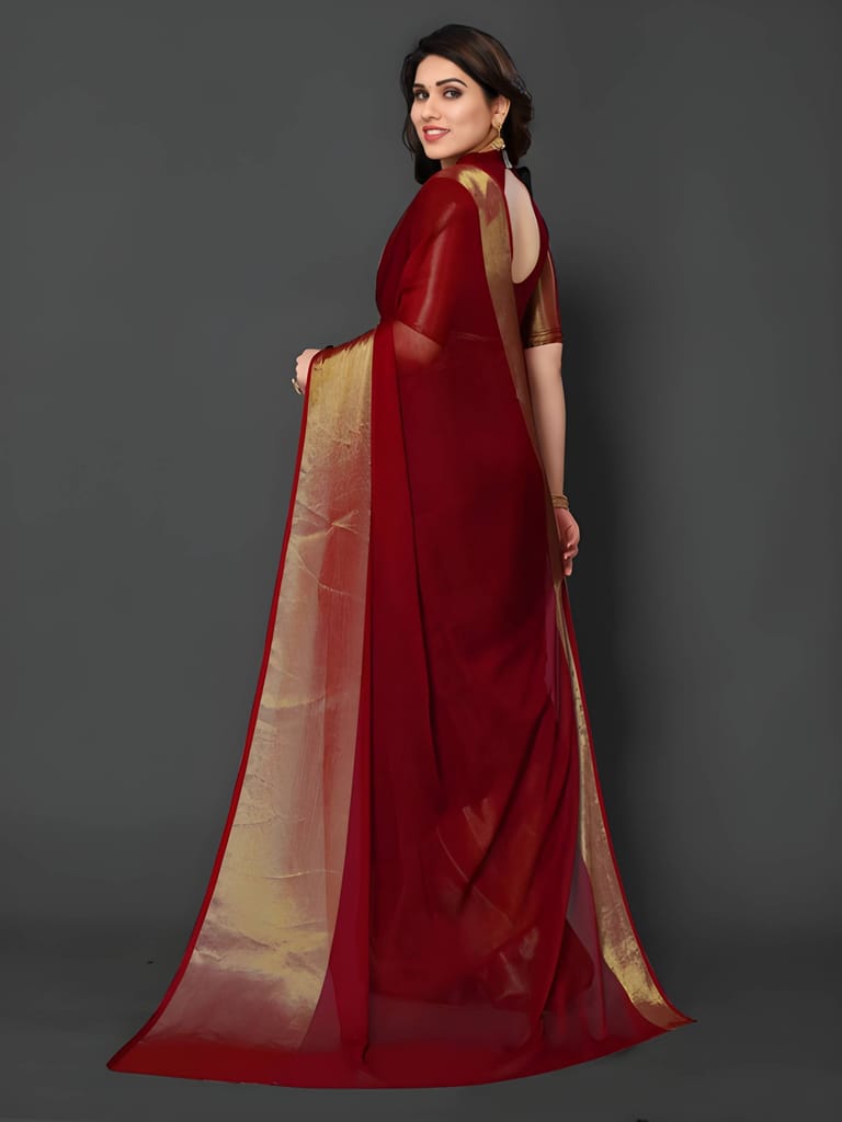 Women's Red Organza Saree with Golden Zari Border | Elegant Party Wear, Wedding, Festive & Traditional Saree with Unstitched Blouse Piece