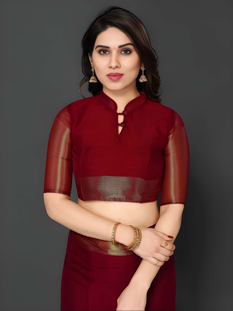Women's Red Organza Saree with Golden Zari Border | Elegant Party Wear, Wedding, Festive & Traditional Saree with Unstitched Blouse Piece view 2