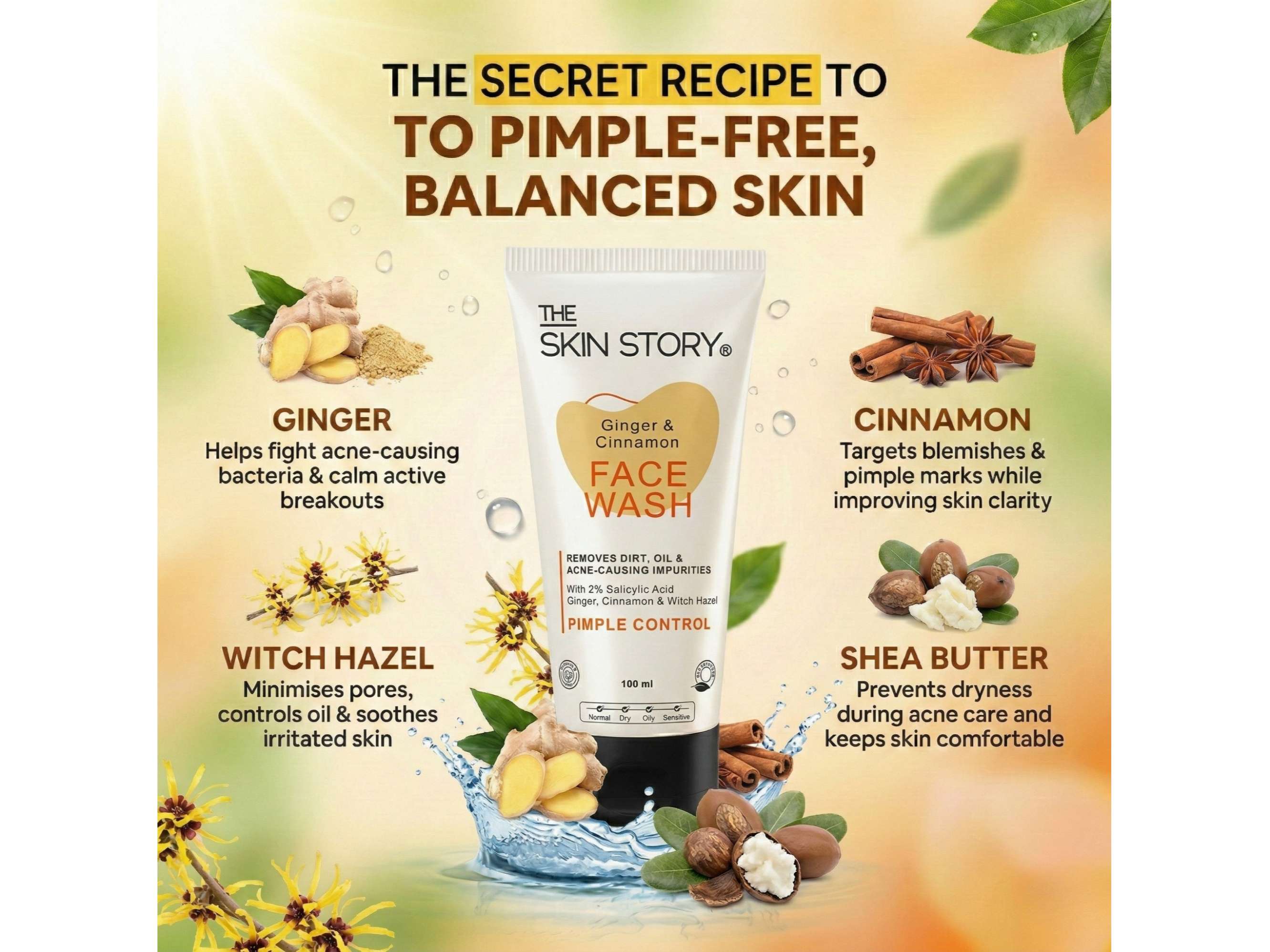 Ginger, Cinnamon Pimple Acne Control Face Wash Reduces Dark Spots Normal To Oily Skin (100 ML) view 2