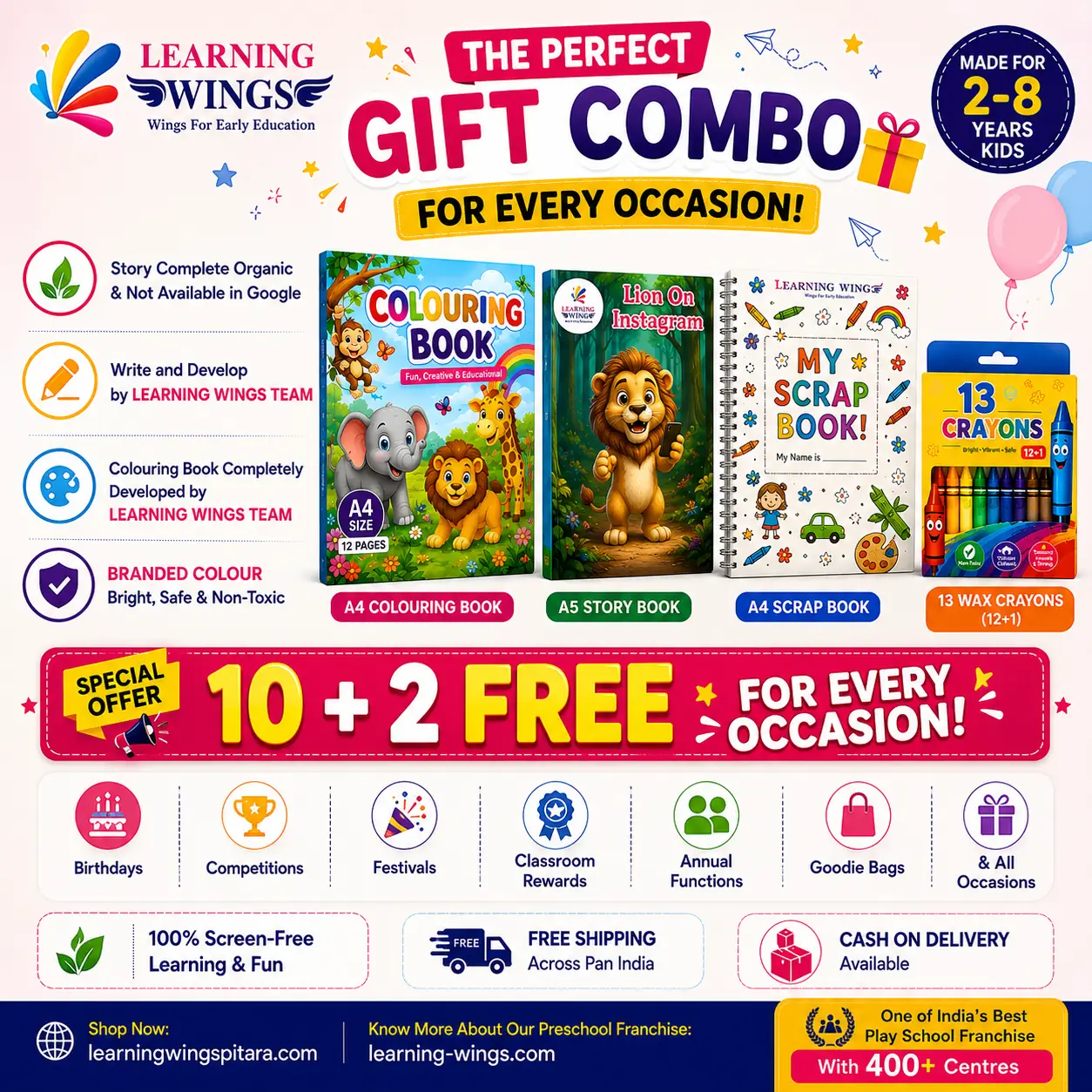Creative Learning Gift Combo for Kids | Colouring Book + Story Book + Scrap Book + 13 Crayons | Best Return Gift 28 Yrs
