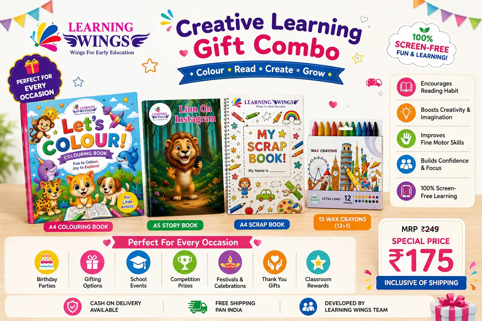Creative Learning Gift Combo for Kids | Colouring Book + Story Book + Scrap Book + 13 Crayons | Best Return Gift 28 Yrs view 2