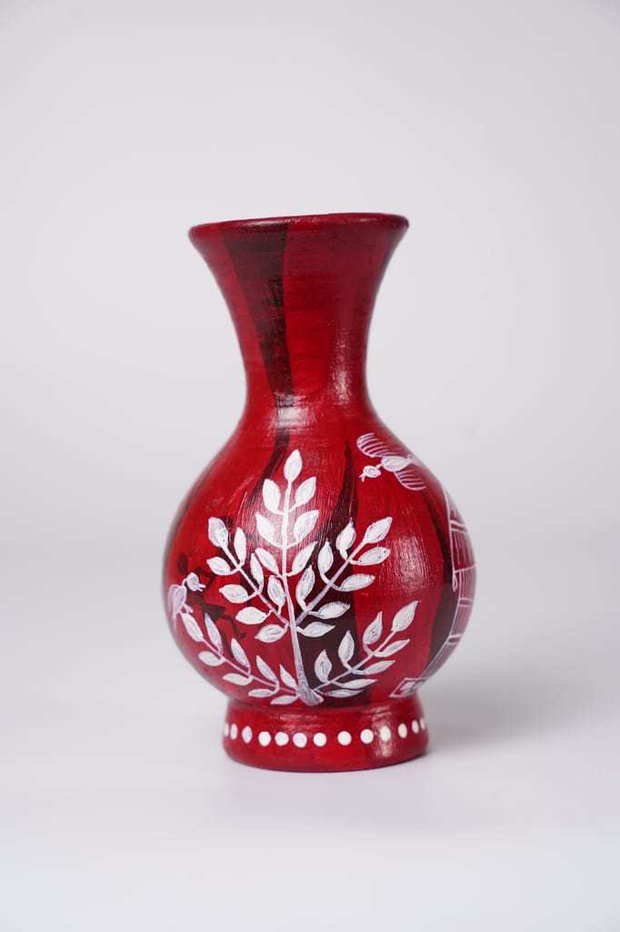 Handcrafted Red Terracotta Flower Vase Wth White Warli Art Hand-Painting. view 2