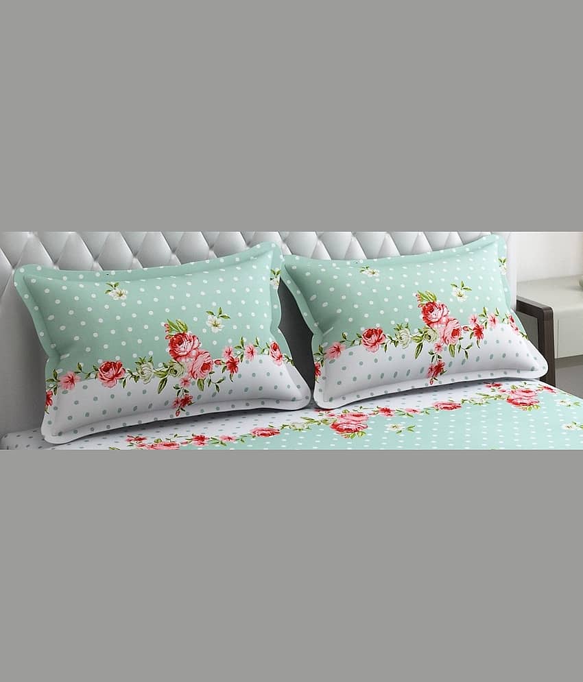 SHOMES Cotton Polka Dots Fitted 1 Bedsheet with 2 Pillow Covers ( Double Bed ) - Green view 2