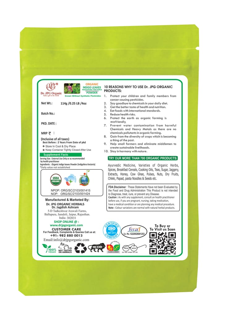 Dr. JPG Organic Herbals Indigo Leaves Powder | India Organic Certified | 114g Pack of 2 | Herbal Supplement view 2