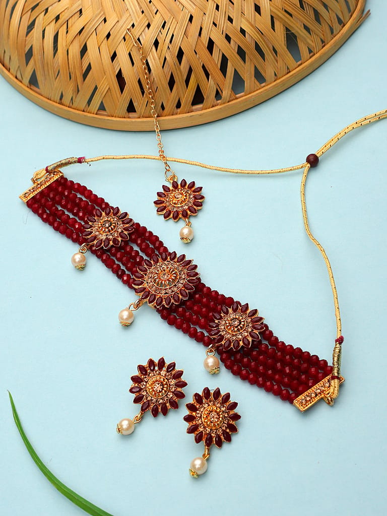 Cardinal Maroon Color Onyx Multistring Gold Plated Brass Choker Necklace Set & Maang Tika view 2