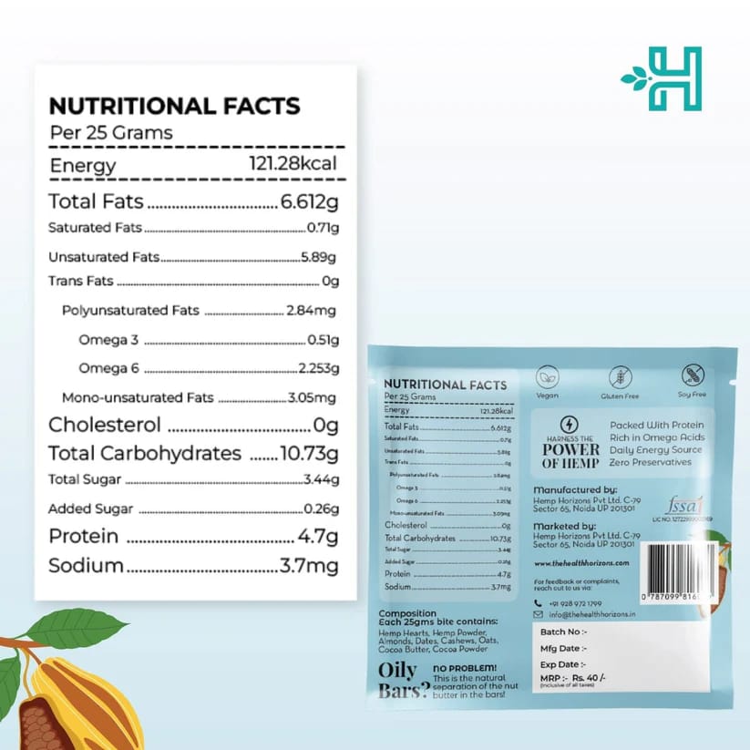 Health Horizons Plant Protein Bites | Cocoa Flavour |4.7g Protein per bite | Hemp Protein Powder, Almonds, Date Paste, Cashew, Rolled Oats, Cocoa Butter, Cocoa Powder| Gluten-free, Vegan for Energy and Fitness (Pack of 12) view 2