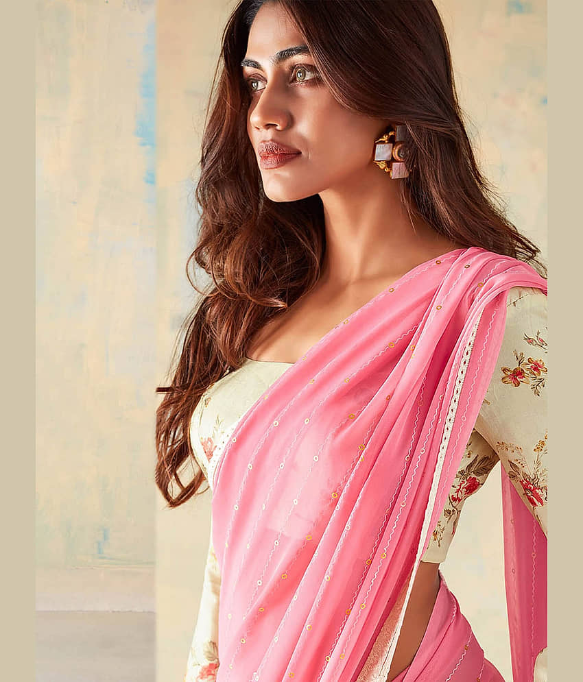 BLEESBURY Georgette Embellished Saree With Unstitched Blouse Piece ( Pink ) view 2