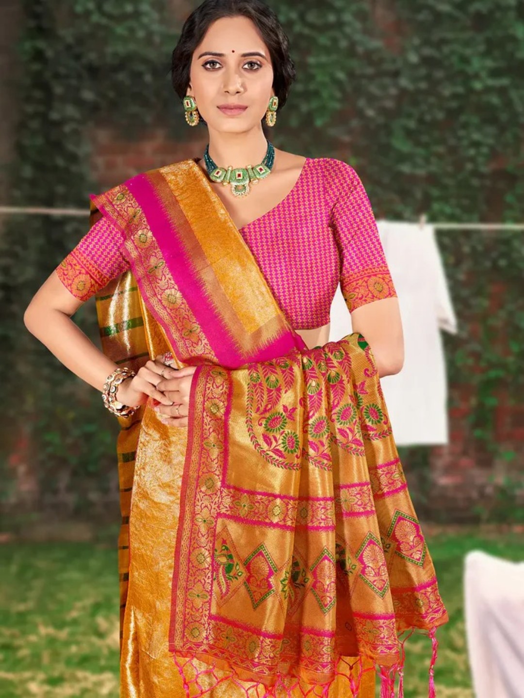 Mustard Yellow Banarasi Silk Saree view 2