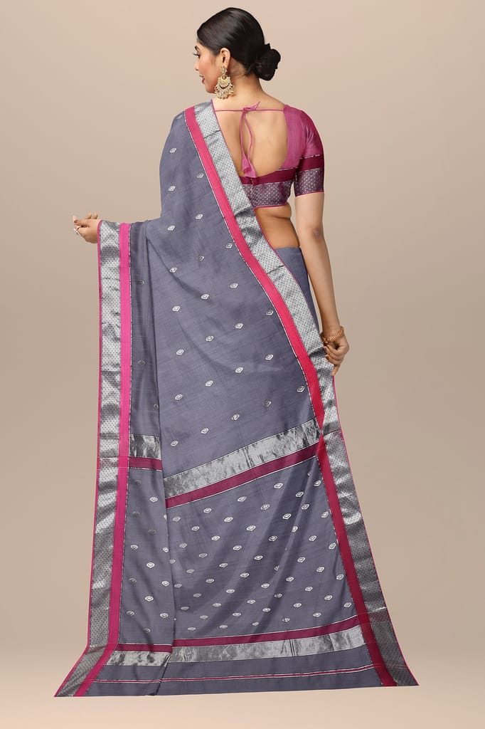Metallic Grey Diya Buti Handwoven Sausar Silk with Silver Zari Border Saree SKU-BS10023 view 2