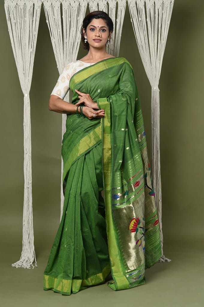 EXCLUSIVE! Handloom Pure Cotton Paithani With Peacock Pallu~Blade Green view 2