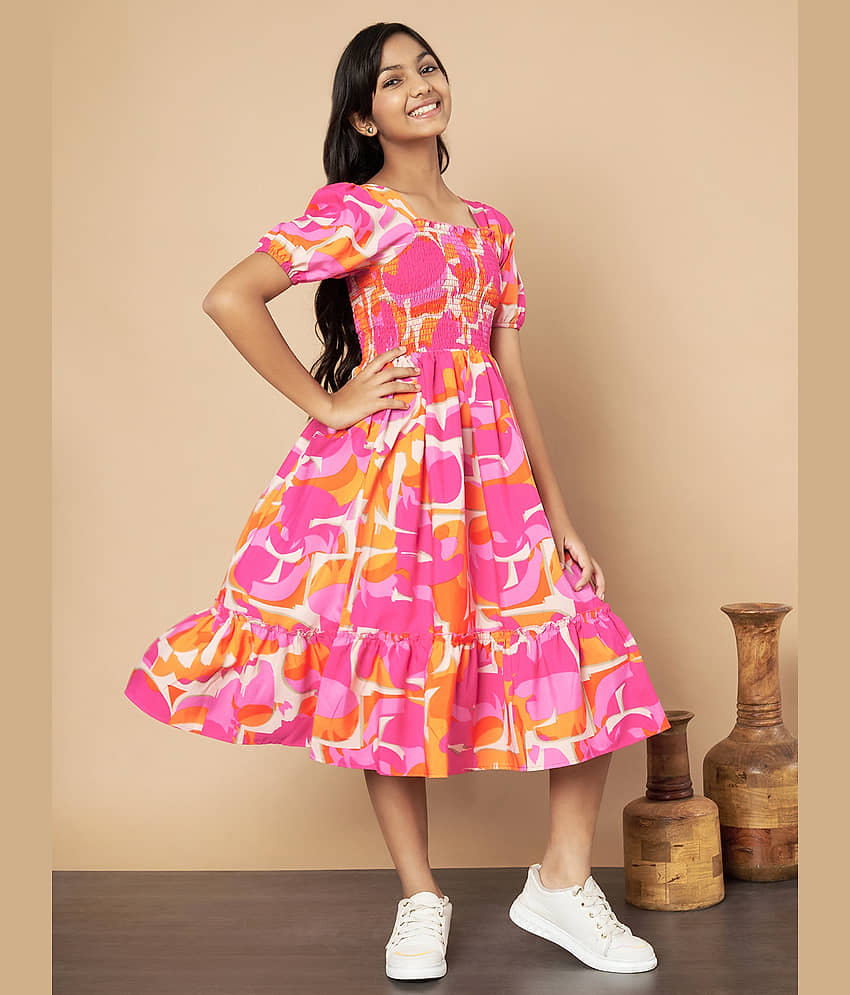 ZWERLON Rayon Fit And Flare Dress For Girls ( Pack of 1 , Orange )