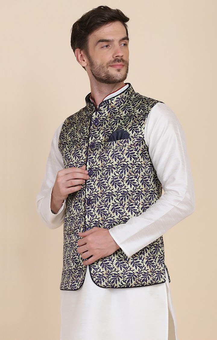 Tahvo Men Green Printed Nehru Jacket view 2