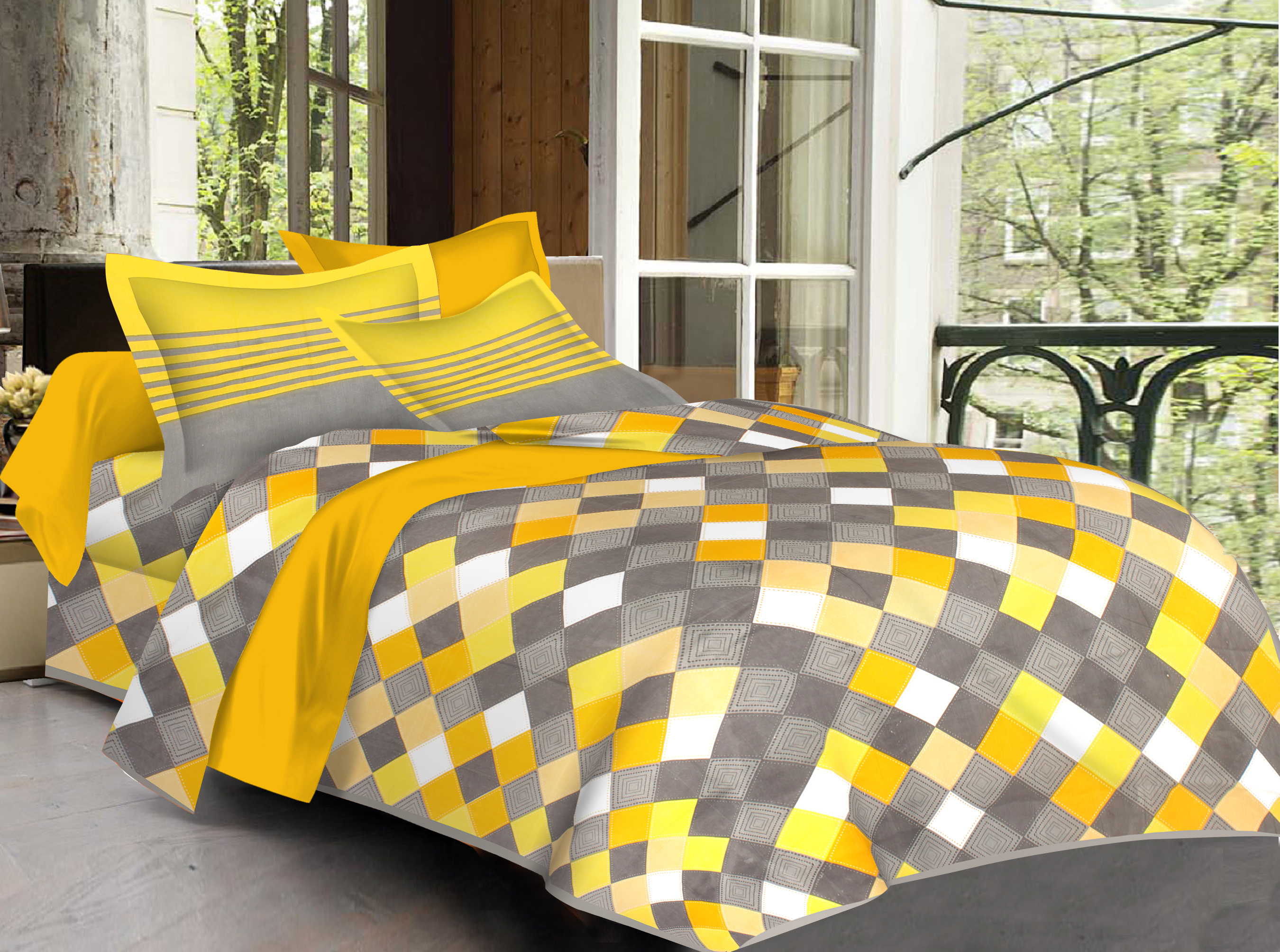 Lali Prints Yellow Grey Geometric Cotton 130 TC Queen Bedsheet with 2 Pillow Covers