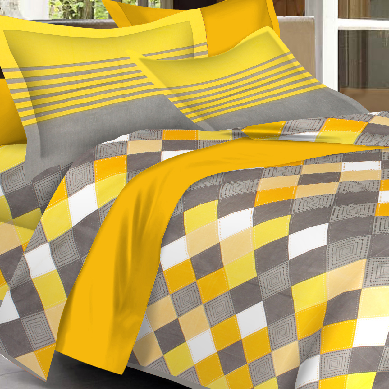Lali Prints Yellow Grey Geometric Cotton 130 TC Queen Bedsheet with 2 Pillow Covers view 2