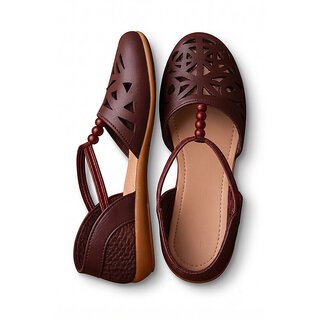 Ladies Brown Ethnic Cutwork Flat Sandals Soft Comfortable Footwear