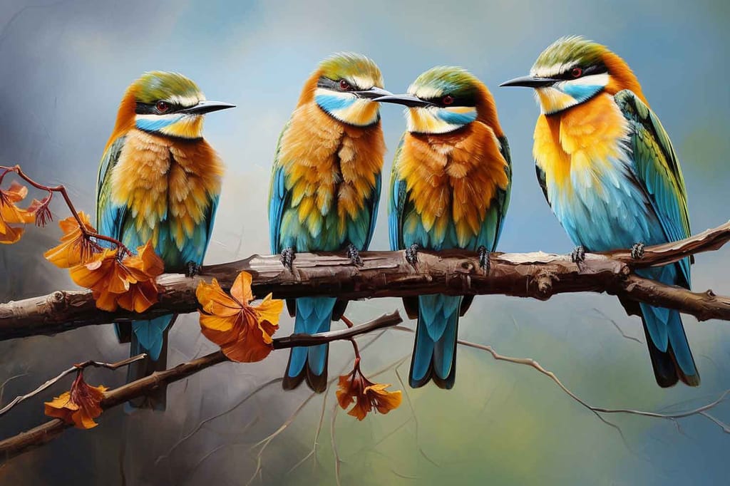FOUR KINGFISHERS ON A BRANCH 24in X 16in WITH BLACK FRAME view 2