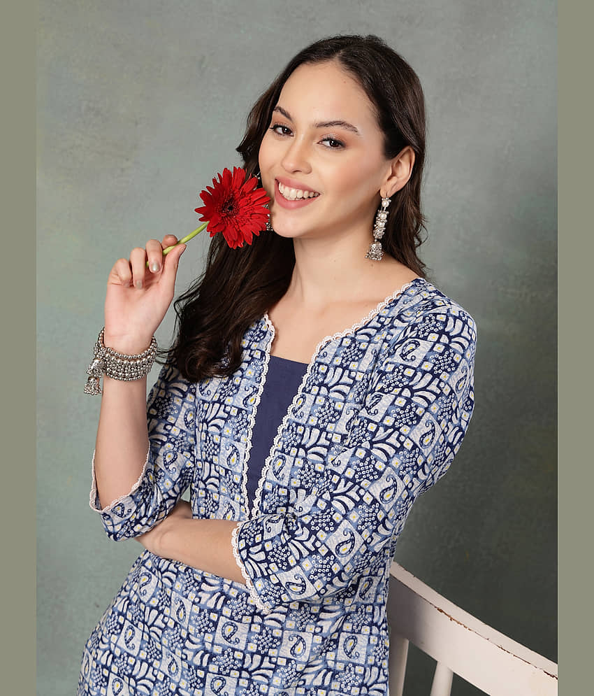 GOD BLESS Women Cotton Printed Straight Kurti ( Blue ) view 2