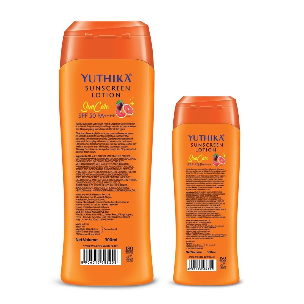 Yuthika Sunscreen Lotion SPF50 PA++++ with UVA & UVB Protection, Sunscreen for All Skin Types Combo Pack (300ml + 100ml) view 2