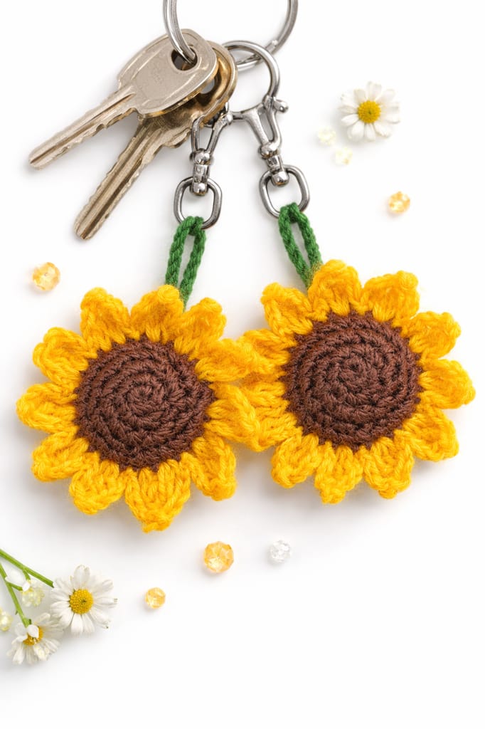 Handmade Crocheted Sunflower Keychain with Metal Clasp view 2
