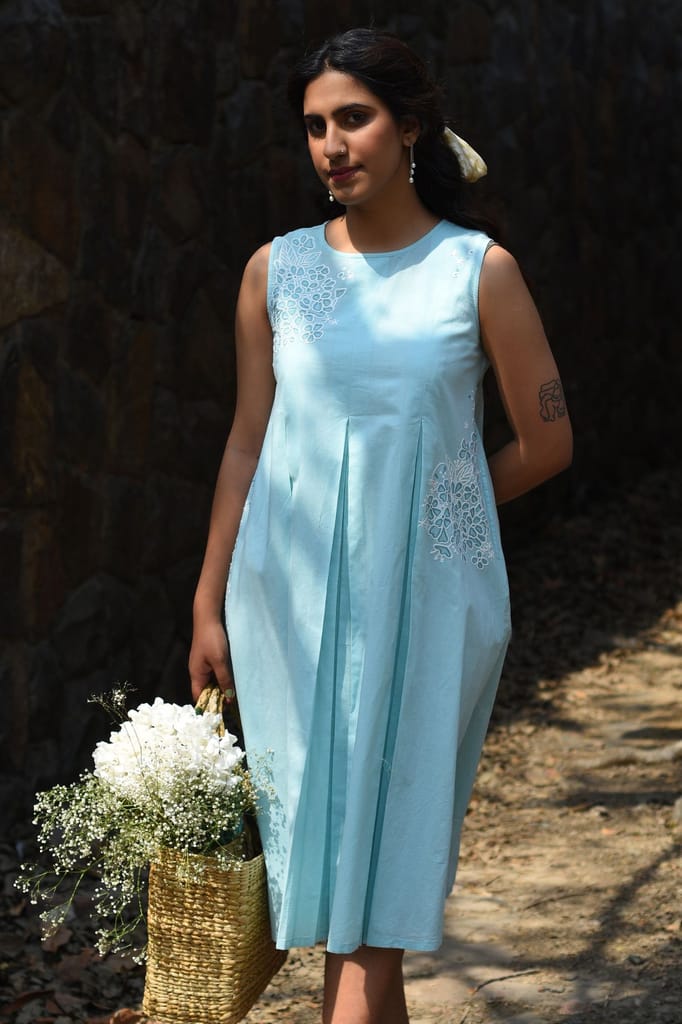 Nargis Blue Kashmiri Crewel Hand Embroidered Long Cotton Dress view 2