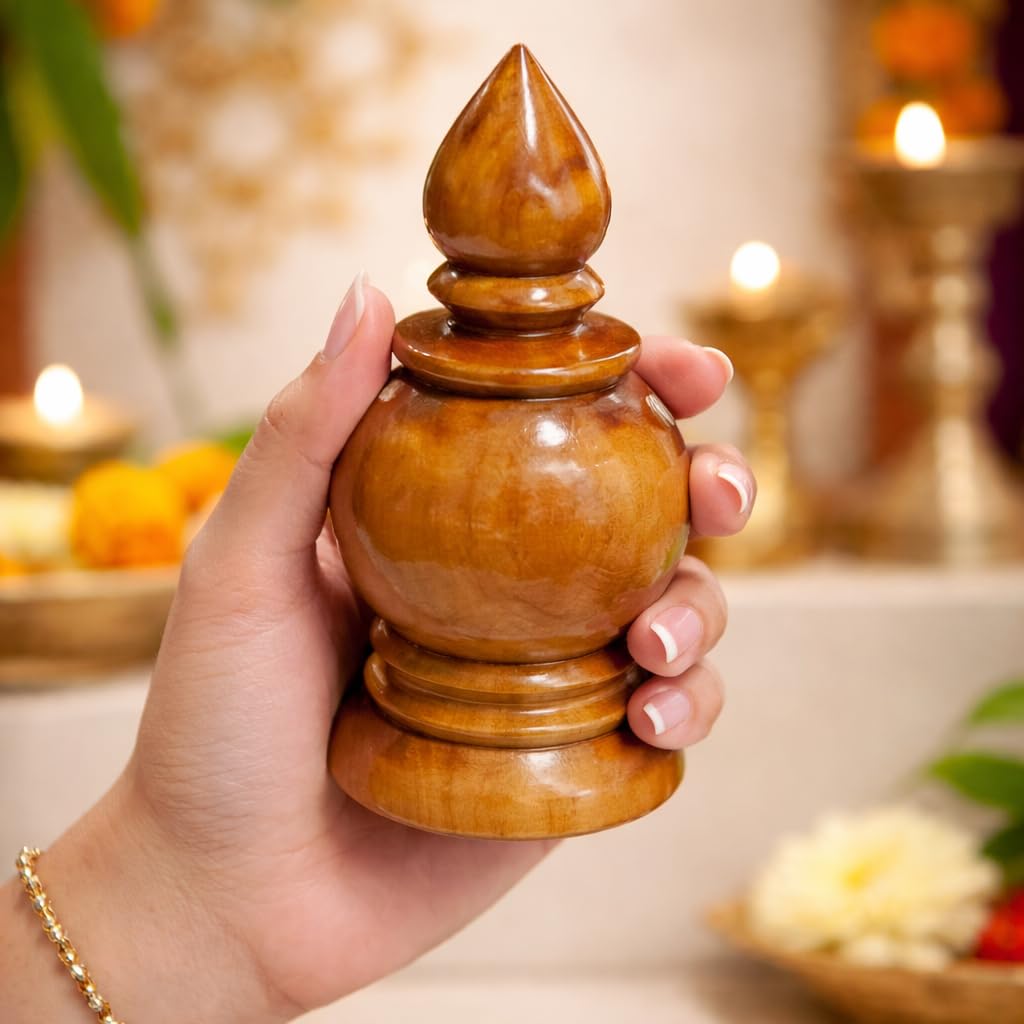 Teak Wooden Kalash for Mandir (Polished) – 6 Inch Height × 3 Inch Width – Handcrafted Kalash Top for Pooja Mandir – Decorative Wooden Kalash – Traditional Kalasam for Home Décor view 2