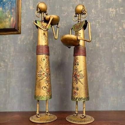 RUPESH KUMAR JANGID Metal Wrought Iron showpieces of Tribal Lady/Ladies Doll Figurine Statue in Golden Decorative Items | Show Pieces for Home Decor Stylish Living Room Tea Light Stand (Set of 2) (Design 2)