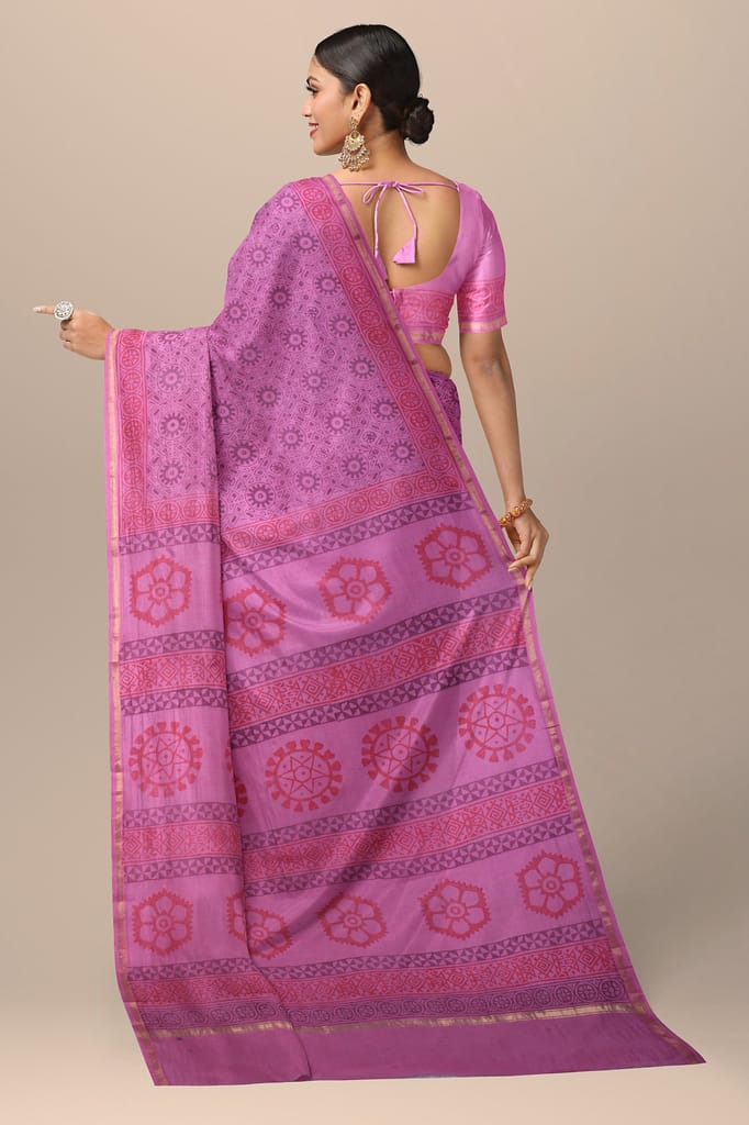 Pink Geometrical Pattern Handwoven Hand Block Print Sausar Silk Saree SKU-AS10038 view 2