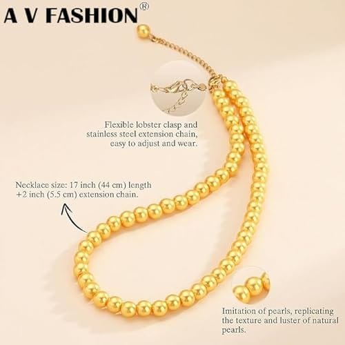 A V FASHION - Pearl Necklace For Girl and Women Yellow Pearl Necklaces for Women, 8MM Beaded Choker Necklace 1 Layer Beaded Mala Fashion Jewellery view 2