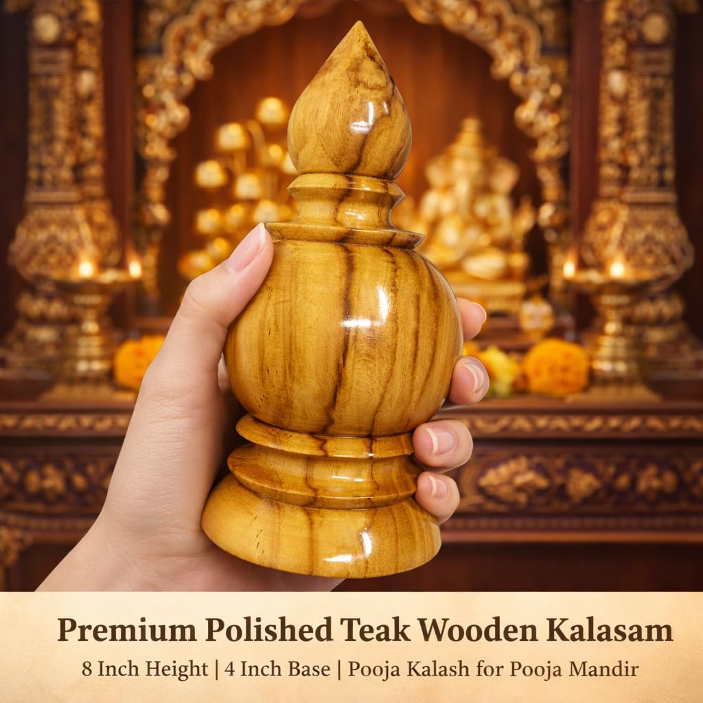 Premium Polished Teak Wooden Kalasam � 8 Inch Height, 4 Inch Base � Large Pooja Kalash for Mandir & Home Decoration � Adds an Elegant Look to The Pooja Mandir view 2