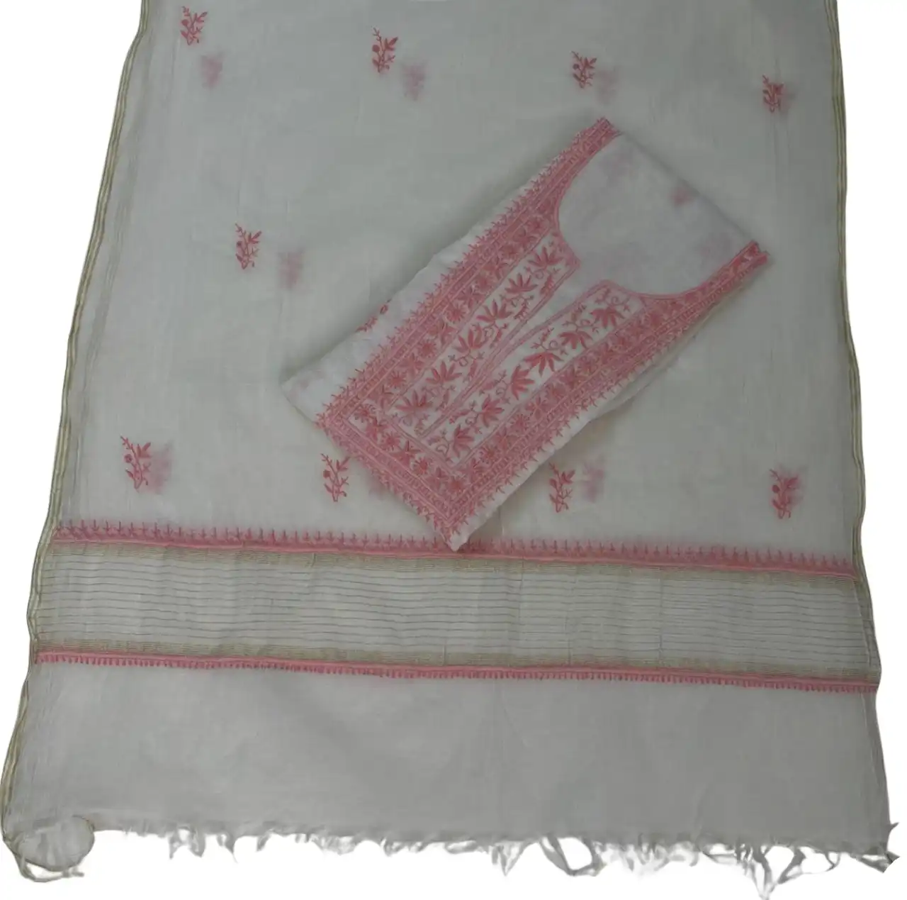 Chikankari Mul Chanderi Dress Material White Pink Floral view 2