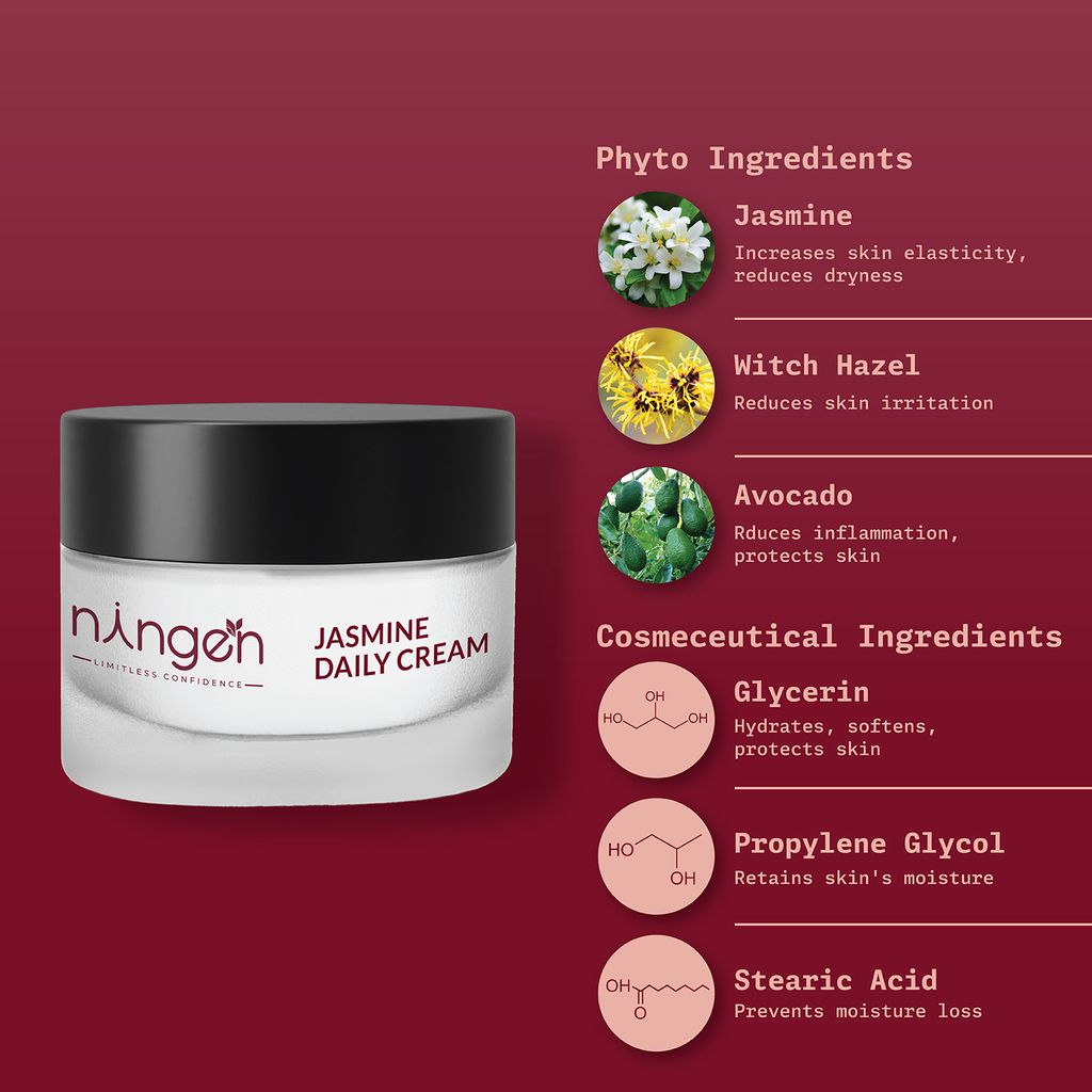 Ningen Jasmine Daily Cream I Infused with Witch Hazel, Avocado, Lily Extracts I Dermatologically Tested, Paraben Free I For Brighter, Fuller and Softer Skin I 100g view 2