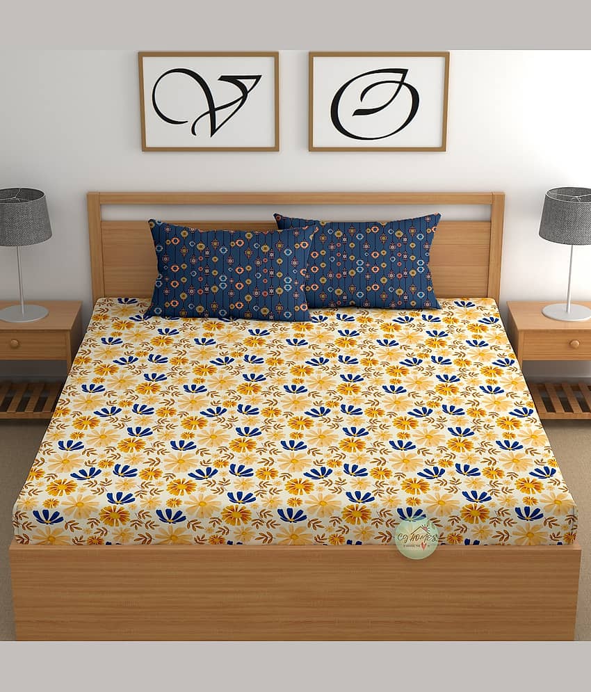 CG HOMES Cotton 1 Double Fitted Bedsheet with 2 Pillow Covers ( 230 cm x 225 cm ) , Yellow view 2