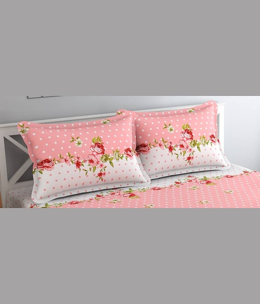 SHOMES Cotton 1 Double Fitted Bedsheet with 2 Pillow Covers ( 198 cm x 182 cm ) , Pink view 2