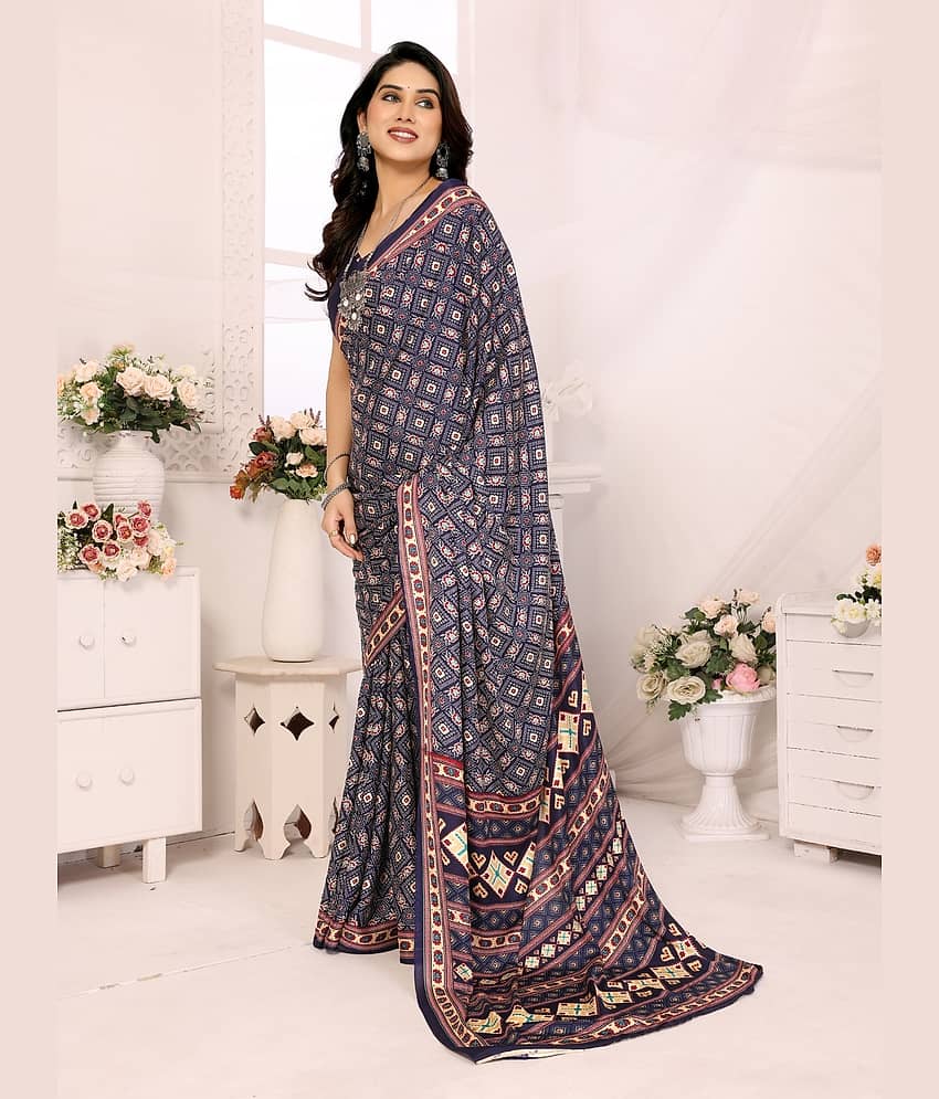 BLEESBURY Crepe Printed Saree With Unstitched Blouse Piece ( Blue ) view 2