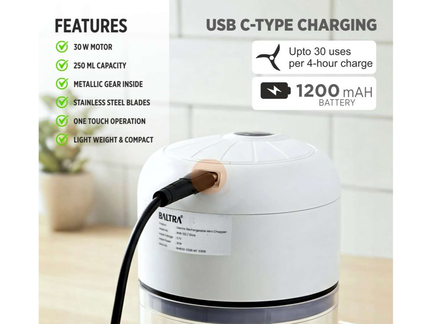 BALTRA Slice Rechargeable Mini Electric Chopper, 250ml Food Grade Bowl, 3 Stainless Steel Blades, One Touch Operation view 2