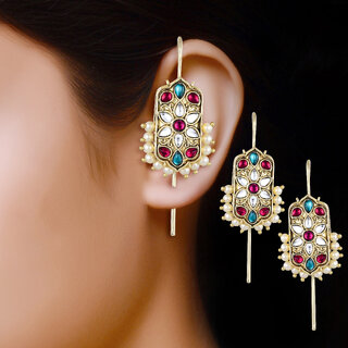 Vivastri Enamelled Polki Kundan Gold Plated Pearl Alloy Ear cuff,Cuff Earrings for Women & Girls - VIVA2819ERG view 2