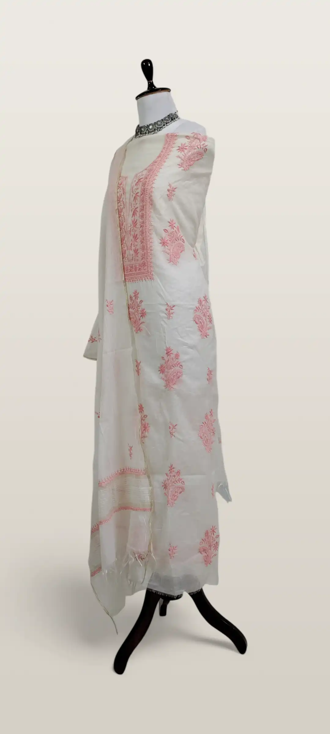 Chikankari Mul Chanderi Dress Material White Pink Floral view 2