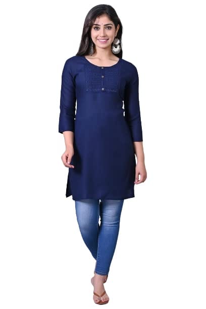 Women's Navy Blue Solid Straight Kurta with 3/4th Sleeves