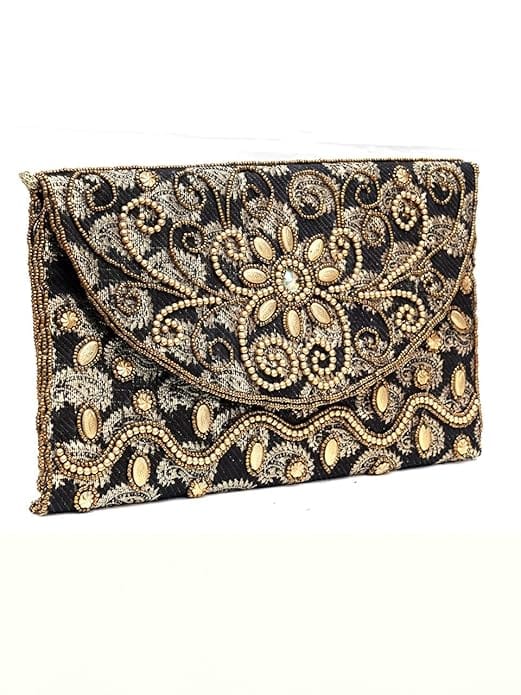 Shakuntala Textiles Womens China Beades Handbags Clutch Purse For Party/Wedding/Casual (Color: Black),Black And Gold view 2