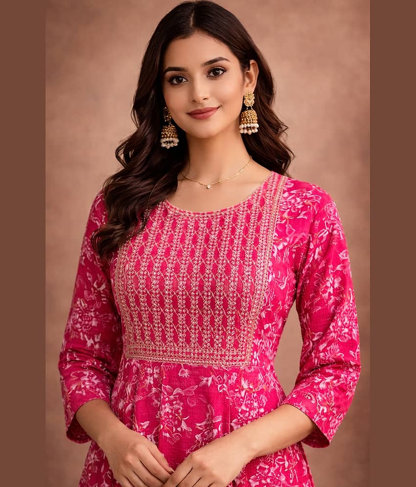 Aarika Women Cotton Blend Embroidered Fit & Flare Dress ( Pink ) view 2