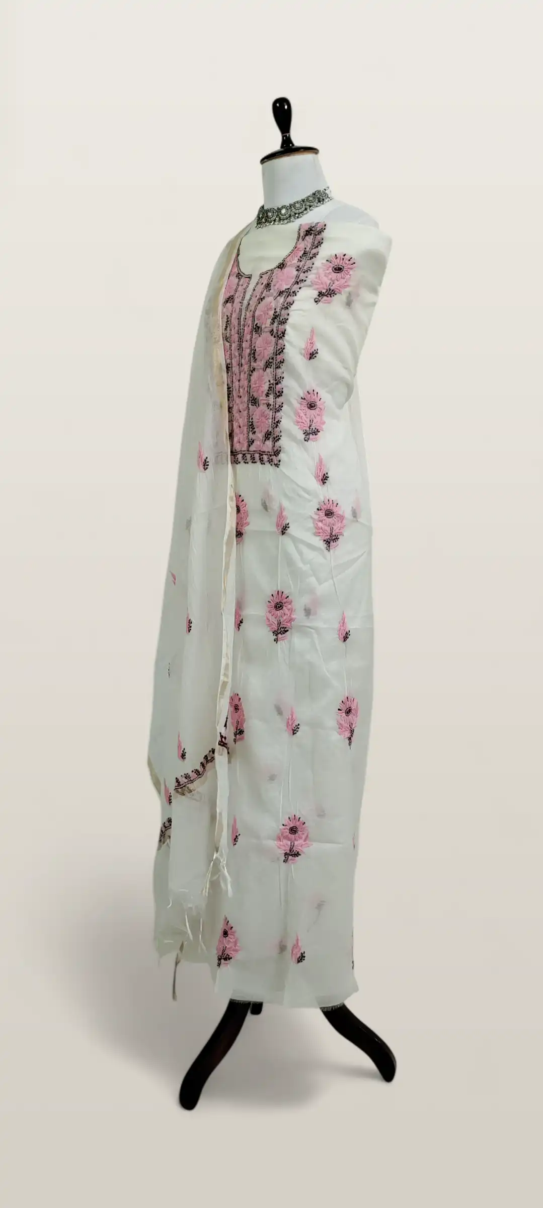 Chikankari Mul Chanderi Dress Material Off White Pink Floral view 2