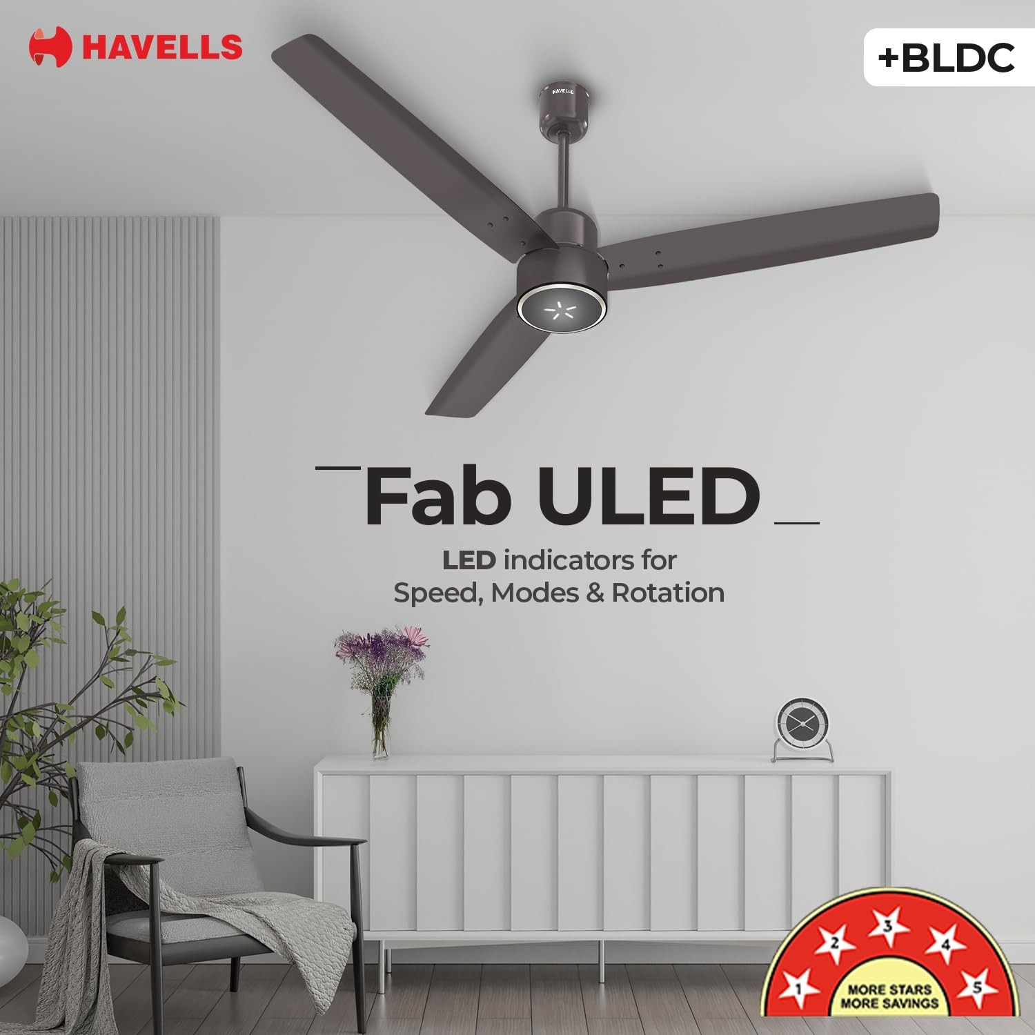 Havells FAB BLDC ULED Ceiling Fan 1200mm, 5 star, LED Speed Indicator, 380 RPM, Up to 65% Savings,Reverse Rotation,4 Speed Modes,Low Wattage 30W,Low Noise,Air Flow:225 CMM, 3 Year Warranty - Cocoa Brown view 2