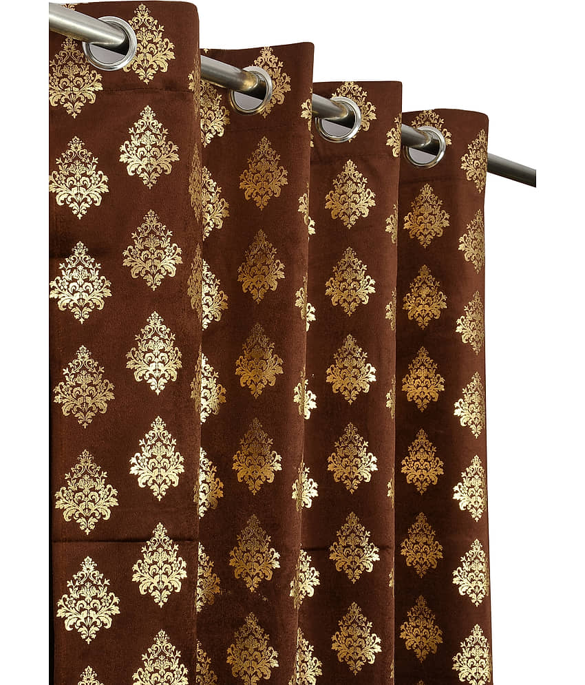 Kraftiq Homes Floral Room Darkening Eyelet Curtain 9 ft ( Pack of 2 ) - Coffee view 2