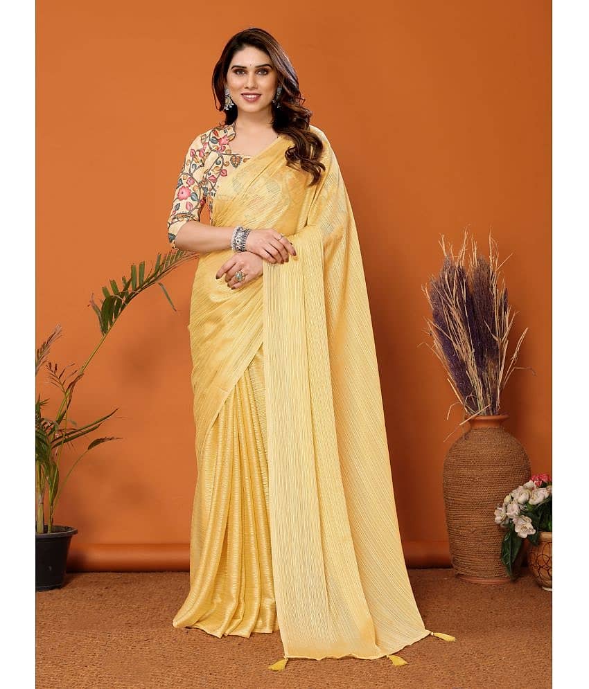 BLEESBURY Chiffon Solid Saree With Unstitched Blouse Piece ( Yellow )