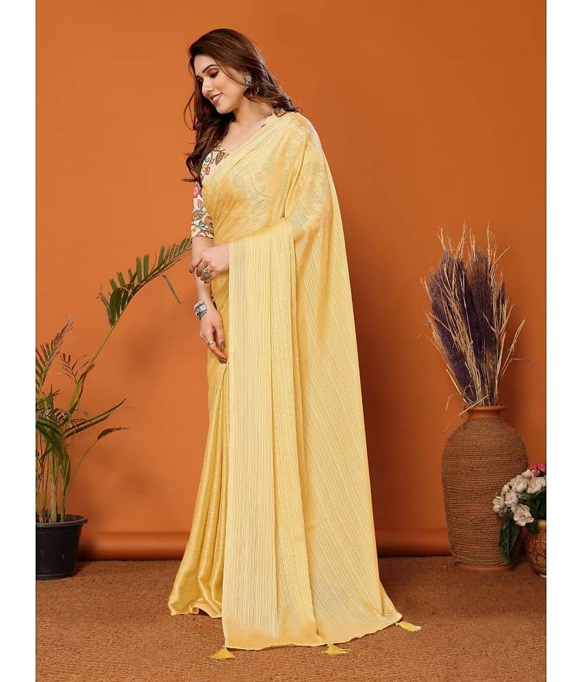 BLEESBURY Chiffon Solid Saree With Unstitched Blouse Piece ( Yellow ) view 2