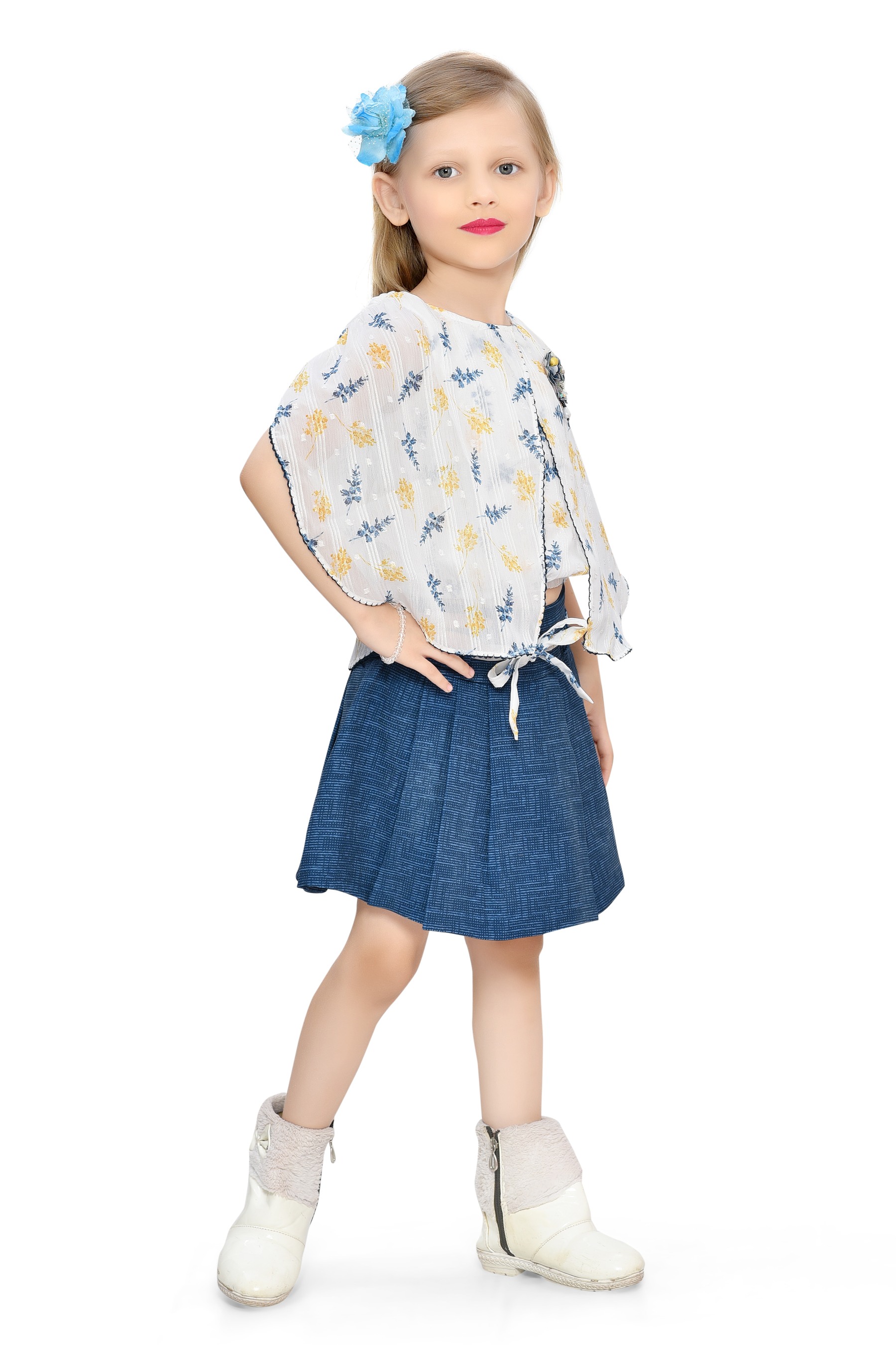 Be:Kids Yellow Blossom Breeze Floral Kimono and Denim Color Skirt Set view 2