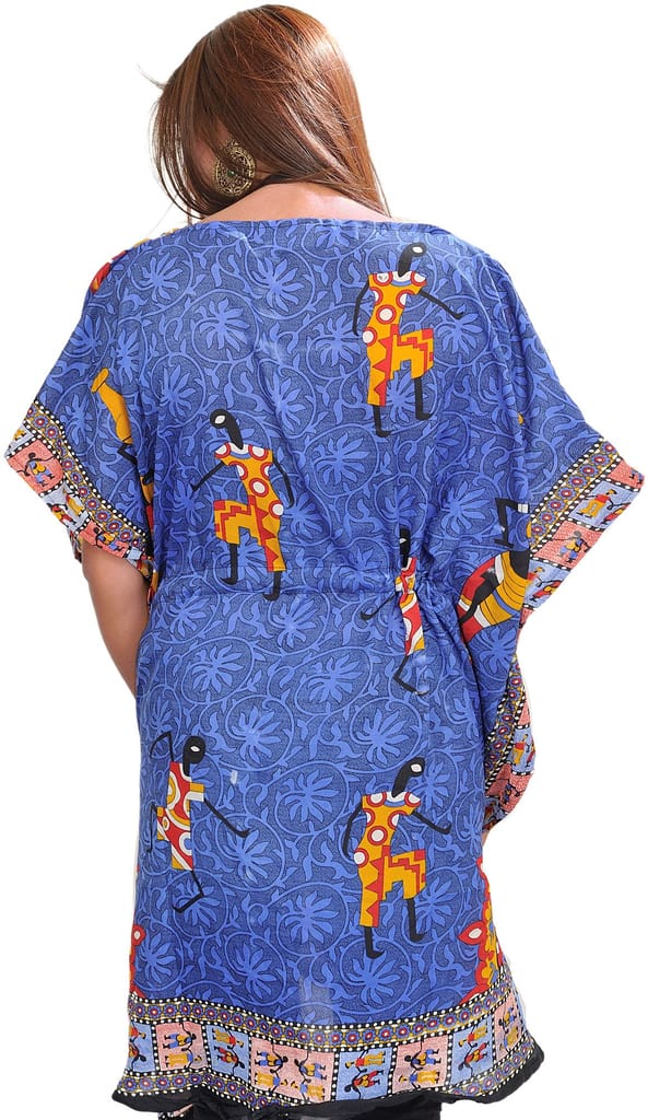 Blue Printed Short Kaftan with Dori at Waist view 2