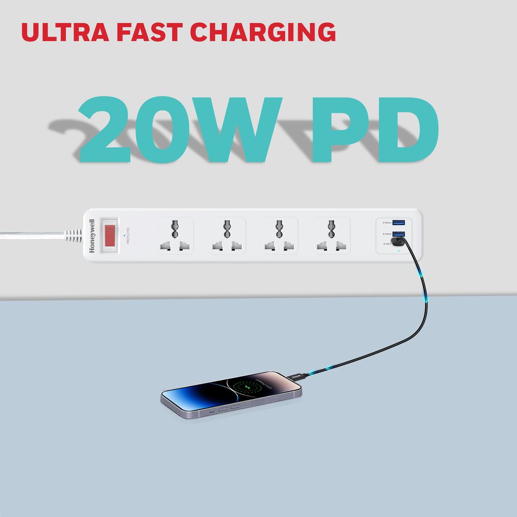 Honeywell 4 Outlet Surge Protector With 1xType C With PD & 2xUSB view 2