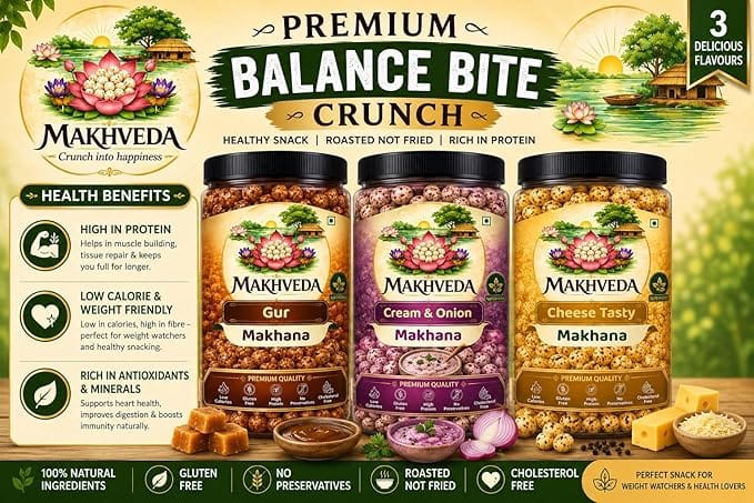 MAKHVEDA - Superfood Balance Bite Crunch Combo Makhana Roasted Fox Nuts Popped Lotus Seeds Healthy Snack Low Calorie High Protein Gluten Free Crunchy and Delicious Flavours Gud Cream and Onion Cheese view 2