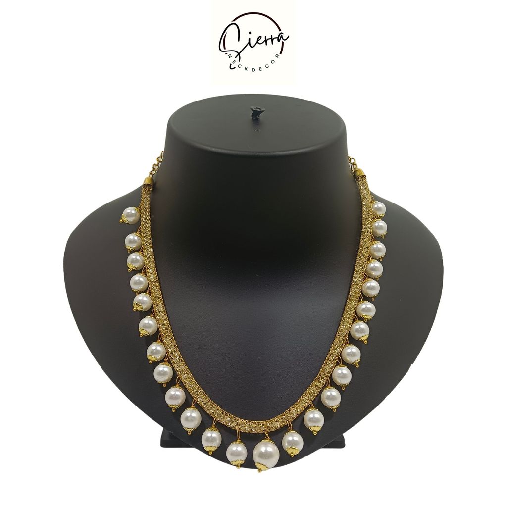 Sierra Luxury Handcrafted Gold Plated Necklace Jewellery Set with Earrings, AD, Pearl - White view 2